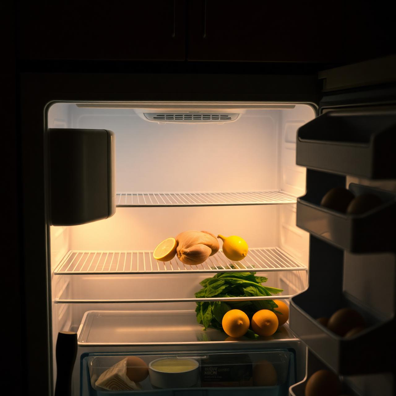 An open fridge with leftovers and fresh ingredients on the shelves